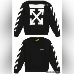 Off-White Kids Black Intarsia Knit Diagonal Stripe Black Logo Sweater Size 8